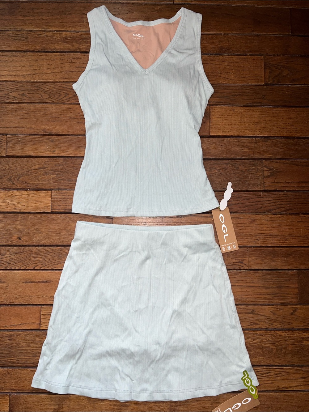 OGL Ice Blue MATCHING SET Pointelle Bra Tank and Mini Skirt Size Small NWT